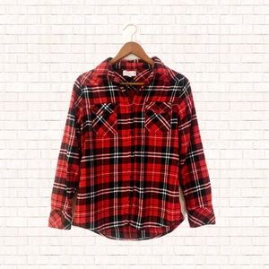 CI SONO red plaid button down shirt with elbow patches Small EUC OBO